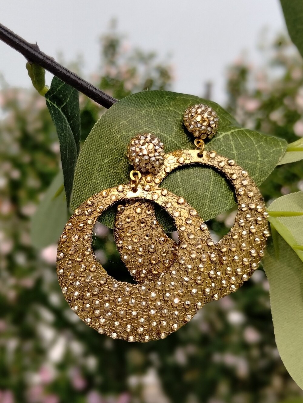 Roni Blanshay Sparkling Gold Tone Hoop Drop Earrings with Crystal Stud